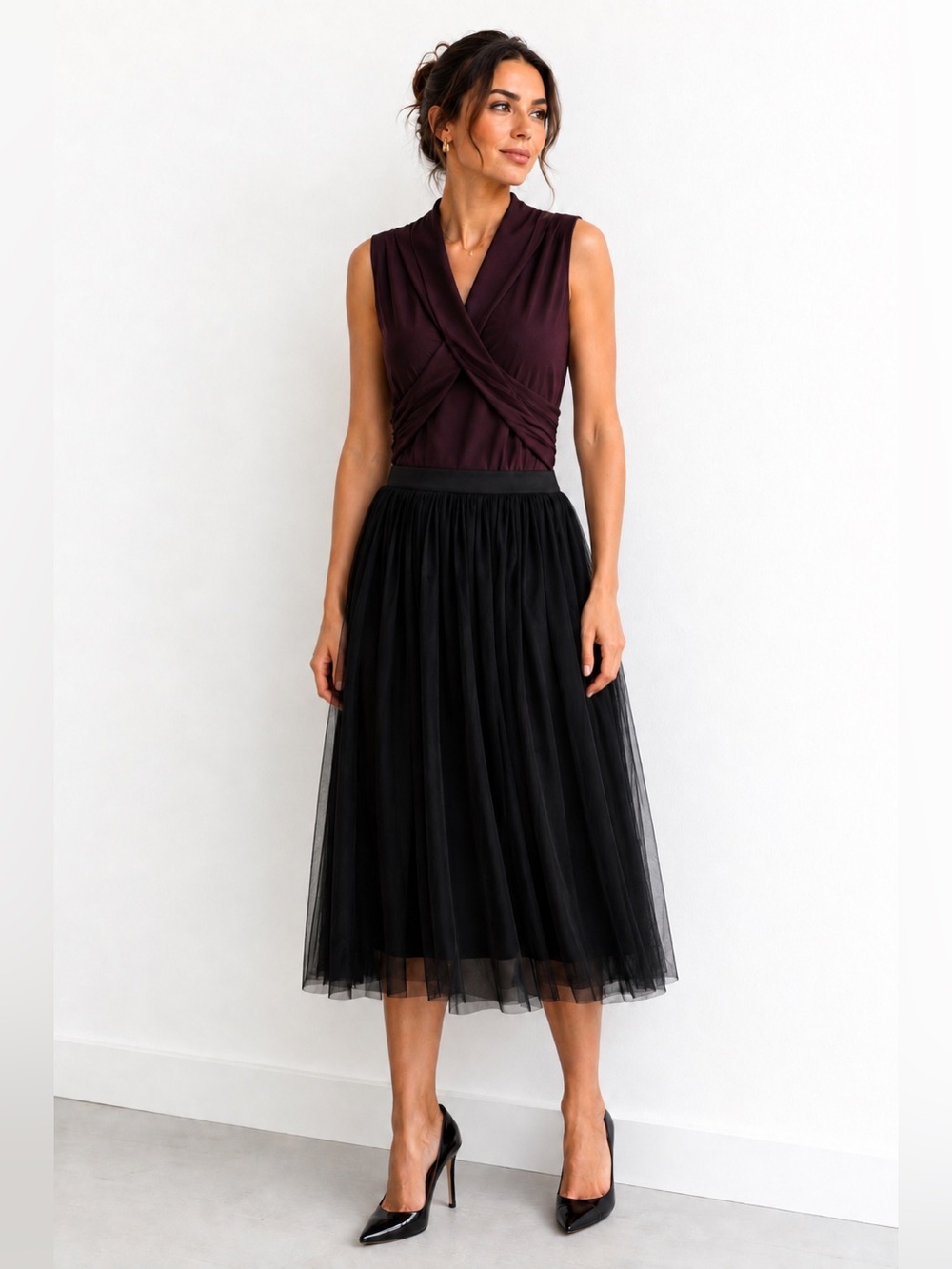 Anthropologie HD in Paris Small Plum Black Tulle Wrap Cocktail Dress